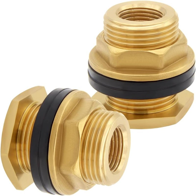 Uenede 2PCS Solid Brass Bulkhead Fitting 3/8" NPT Female x 3/4" Male Double Threaded Bulkhead Water Tank Connector - Image 1